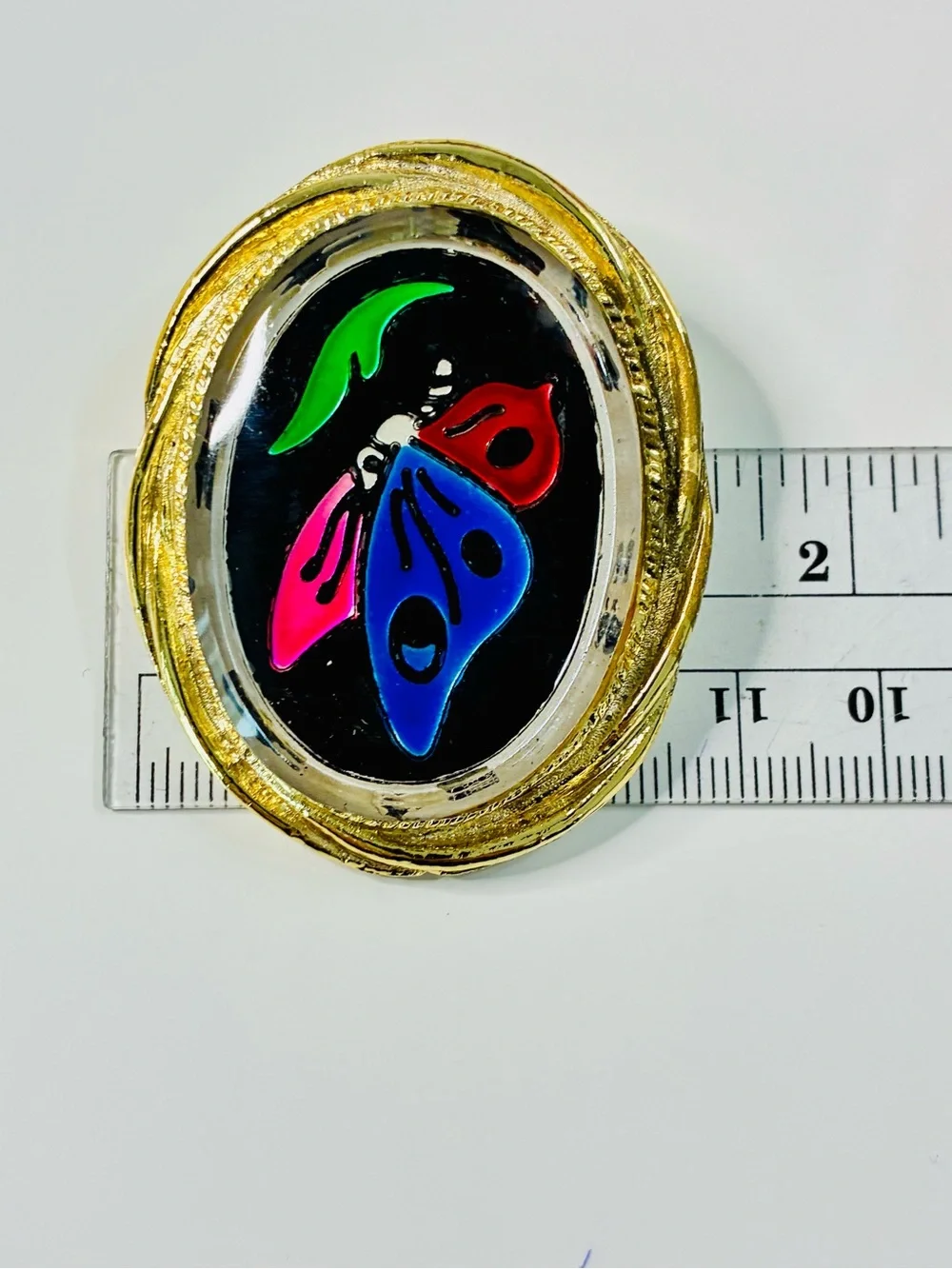 Colorful Butterfly Pendant Brooch in Gold-Tone Frame Unusual Eclectic EUC